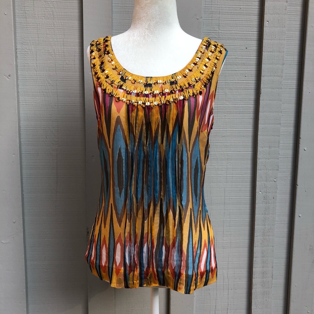 TORY BURCH Silk Blouse Fringe and Sequin Bib
